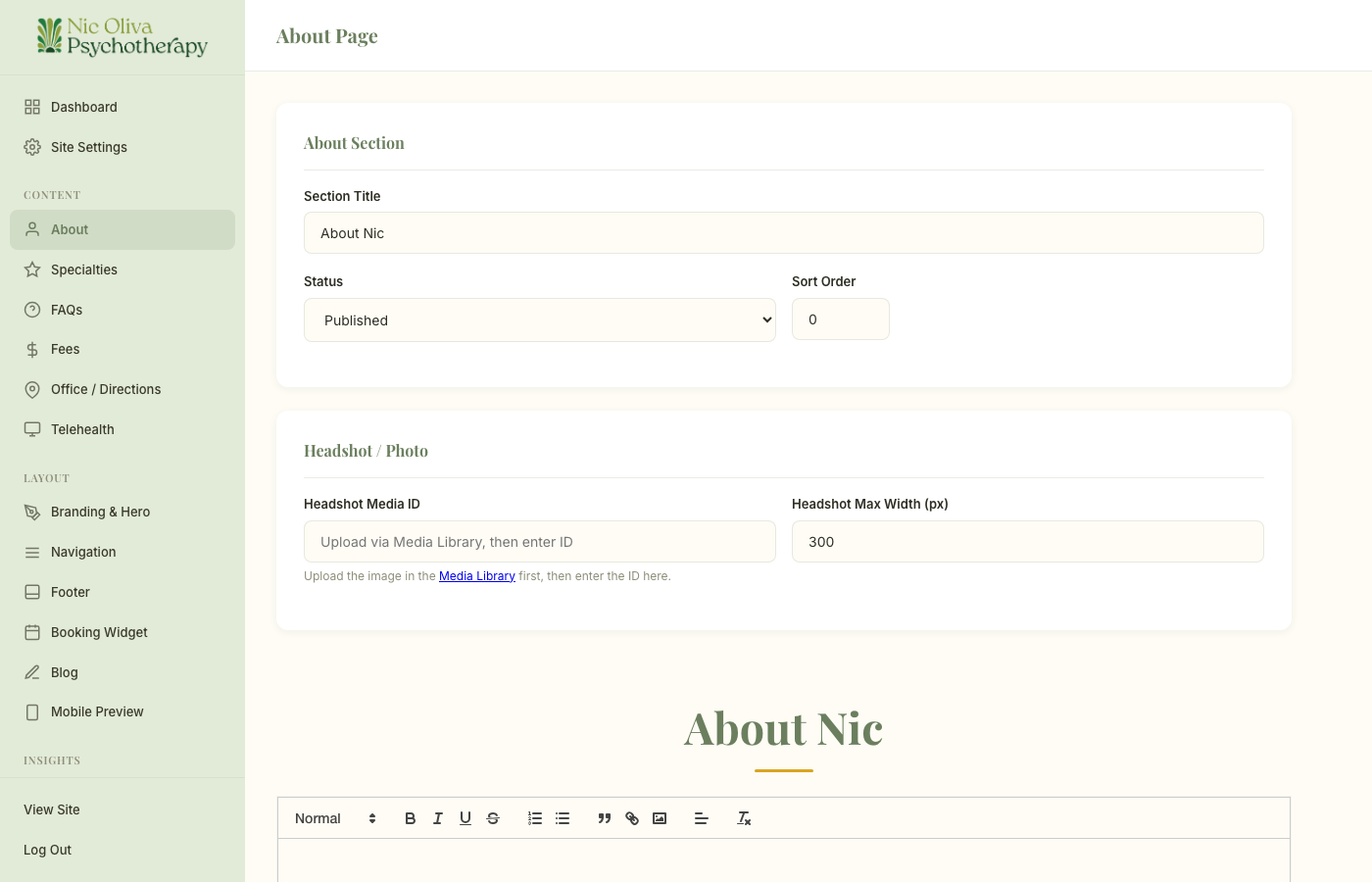 Pages admin panel
