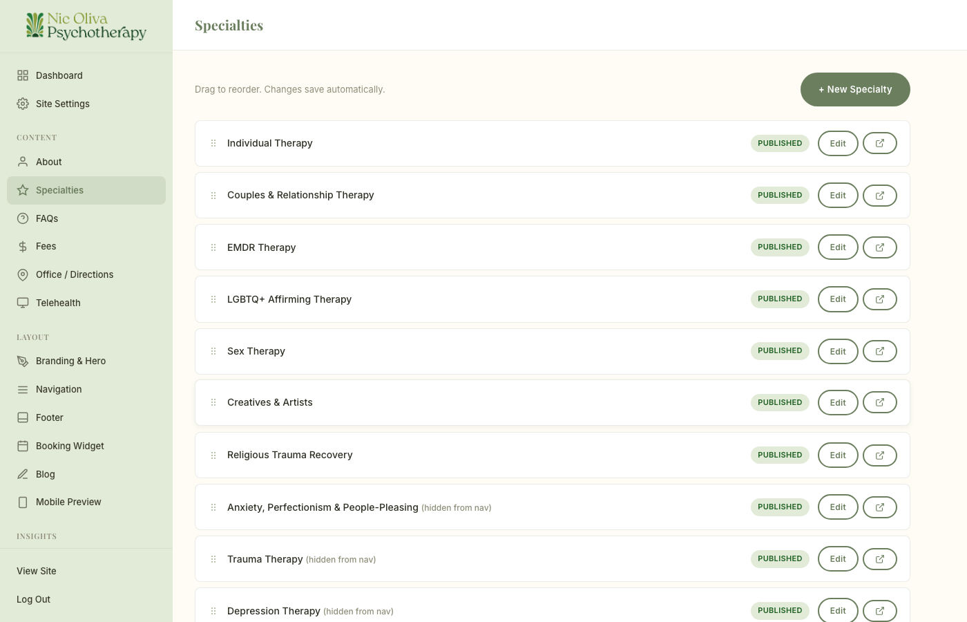 Specialty Pages admin panel